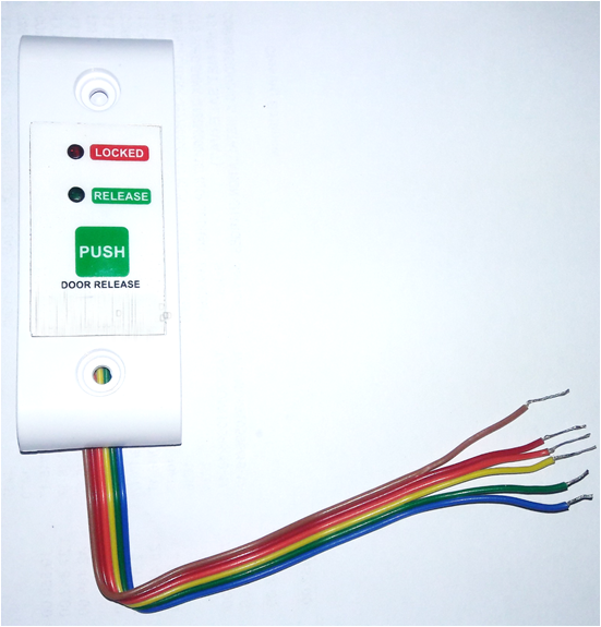 Door release unit with locked and release indicators, push button and wiring tail