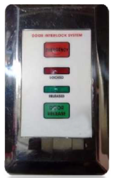 Door interlock system status indicator panel with locked, unlocked, request and emergency indicators