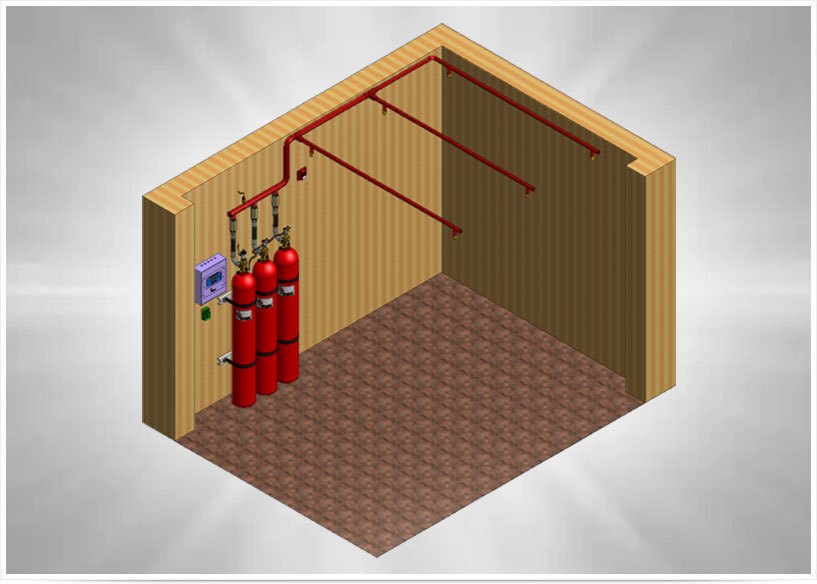 Clean agent cylinders and pipework protecting a room