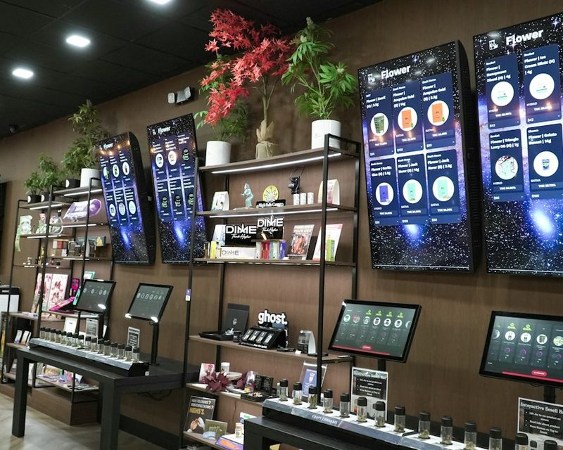Retail store wall lined with digital signage screens displaying product content
